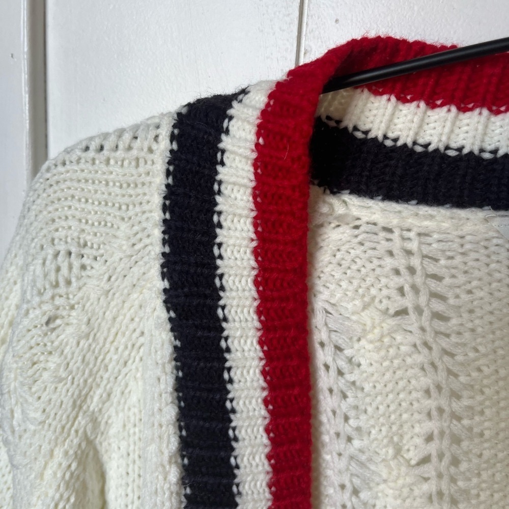 DAVI & DANI White Navy and Red Cardigan Sweater with Bold Stripes Medium NWOT - Picture 2 of 10